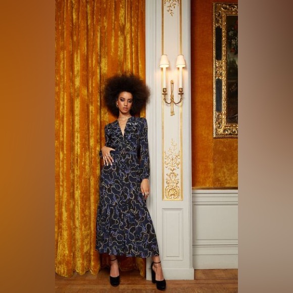 New! Saloni Ginny Midi Silk Crepe De Chine Dress in Cosmo Dancers 💫✨ US 4 NWT! - Picture 4 of 16